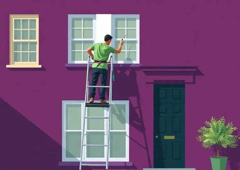 Peintre sur échafaudage traitant la façade d'une maison